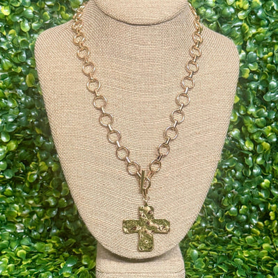 Hammered Matte Metal Cross Pendant Chunky Chain Toggle Necklace - Gold Shabby Chic Boutique and Tanning Salon