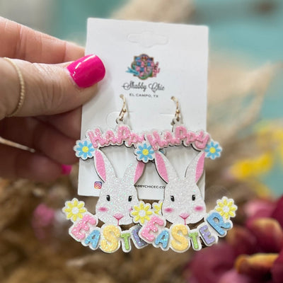 Happy Easter Glitter Earrings Shabby Chic Boutique and Tanning Salon