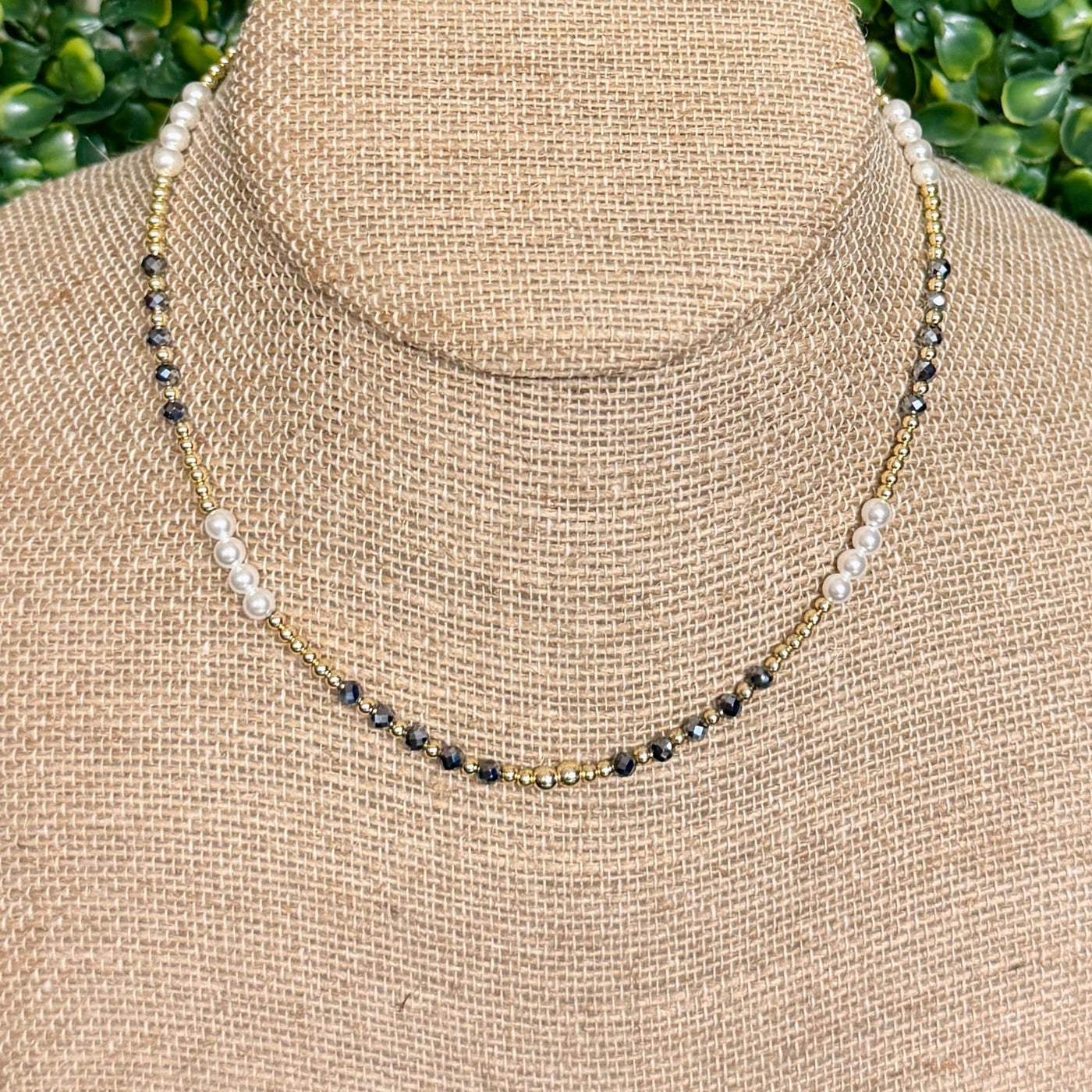 Hematite Crystals, Pearls, and Goldtone Necklace Shabby Chic Boutique and Tanning Salon