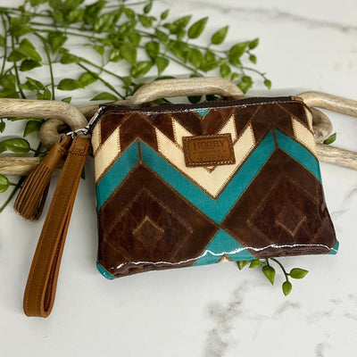 HOOEY  "MONTEZUMA" BROWN/TURQUOISE AZTEC PATTERN ARENA WRISTLET Shabby Chic Boutique and Tanning Salon