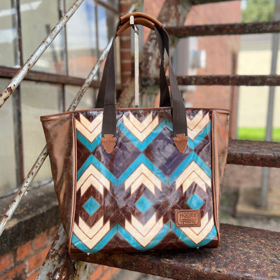 HOOEY  "MONTEZUMA" BROWN/TURQUOISE AZTEC PATTERN CLASSIC TOTE PURSE Shabby Chic Boutique and Tanning Salon