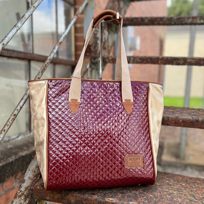"HOOEY RODEO" BURGUNDY/TAN W/QUILT CLASSIC TOTE PURSE Shabby Chic Boutique and Tanning Salon