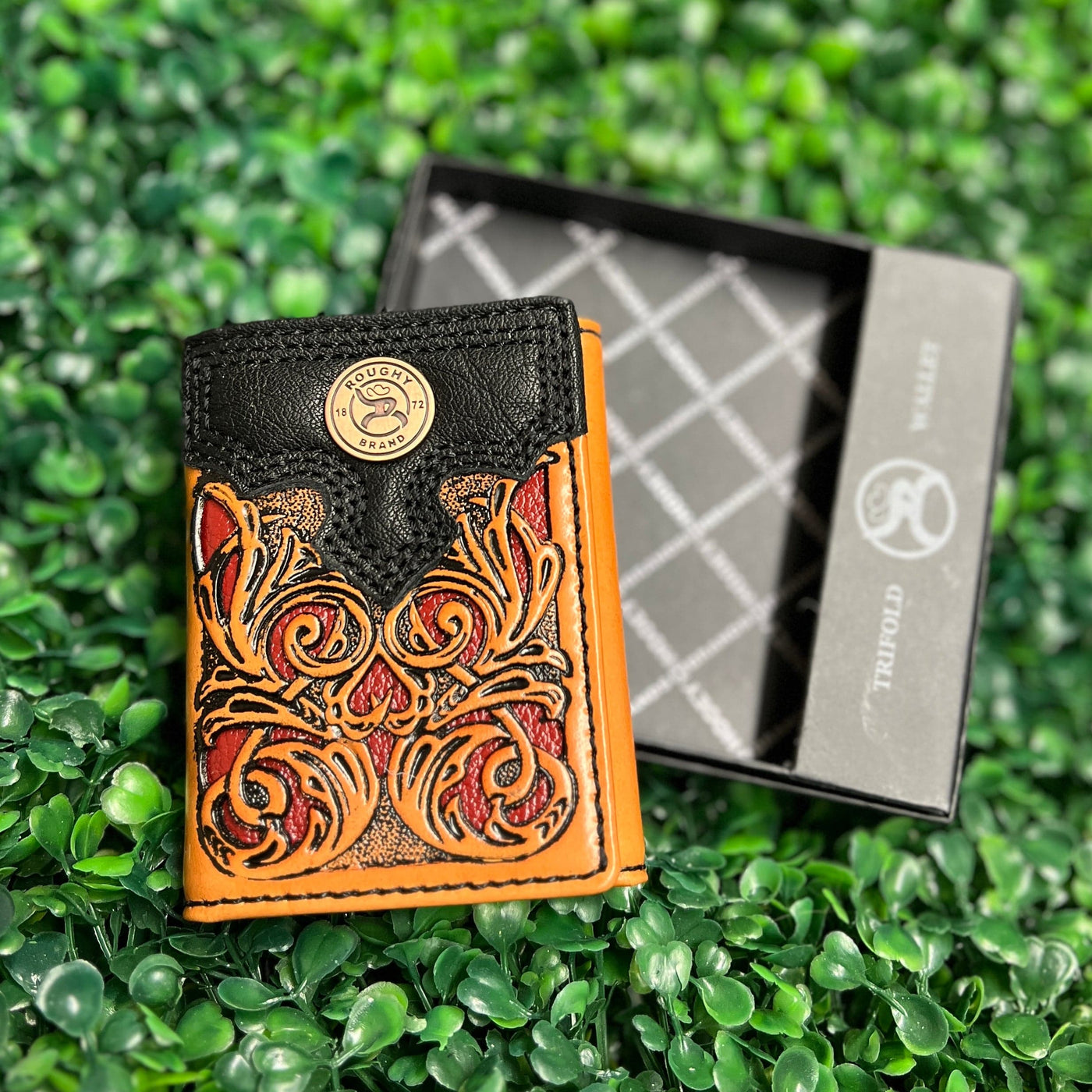 HOOEY  "RYDER" ROUGHY TRIFOLD WALLET TAN/ RED HAND-TOOLED Shabby Chic Boutique and Tanning Salon