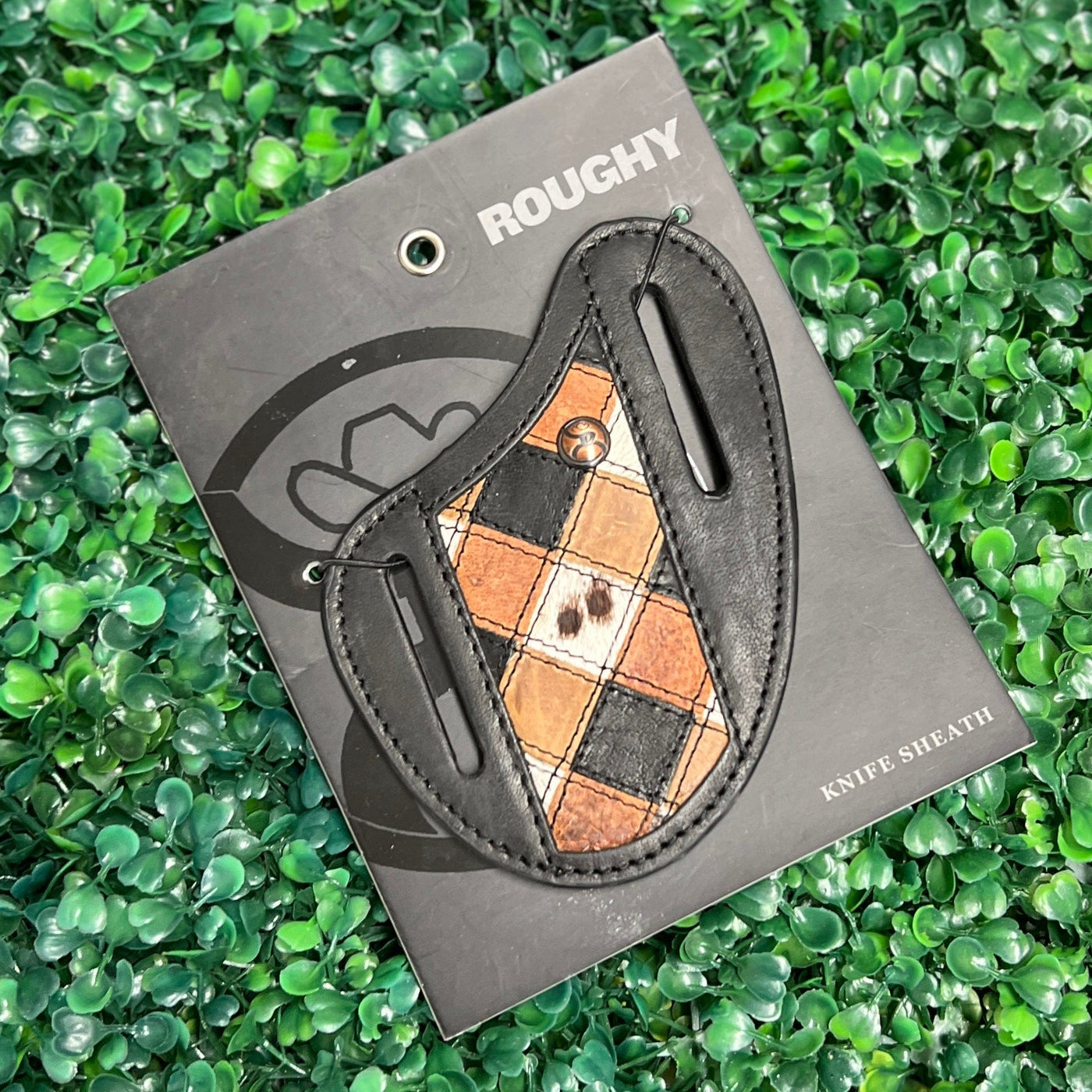 HOOEY "SMACKDOWN" PANCAKE KNIFE SHEATH TAN /BLACK PATCHWORK Shabby