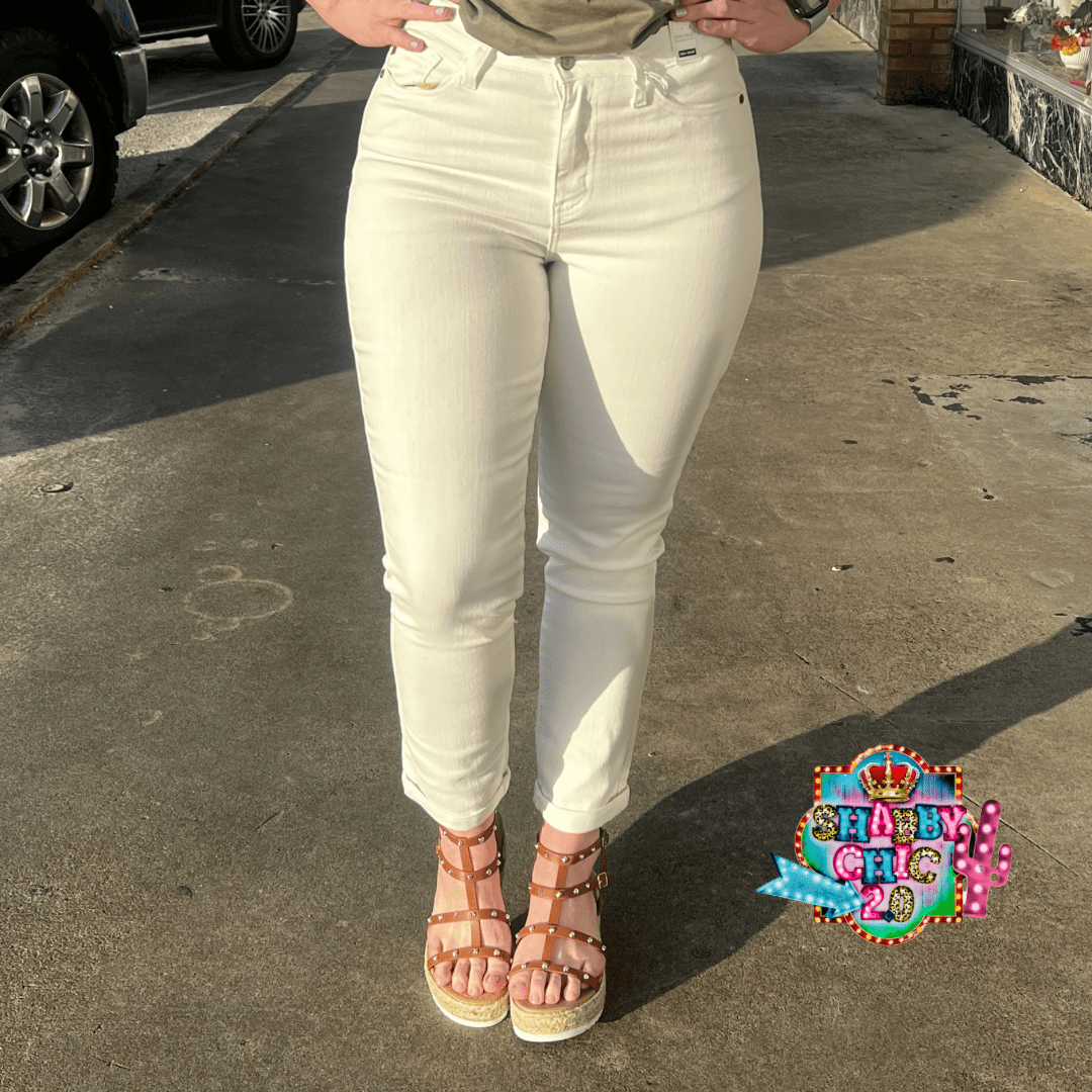 Judy Blue High Waist BoyFriend Non Distressed White Jeans Shabby Chic Boutique and Tanning Salon