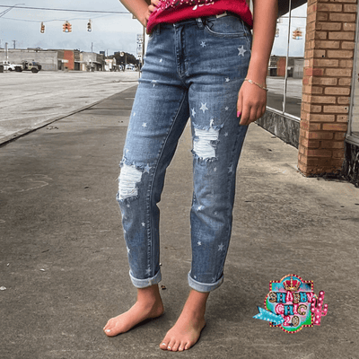 Judy Blue Mid Rise Star Crossed Distressed Cuff Jeans Shabby Chic Boutique and Tanning Salon