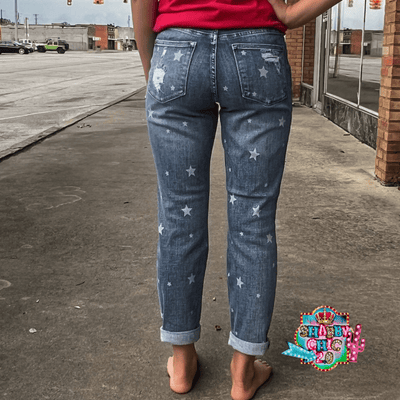 Judy Blue Mid Rise Star Crossed Distressed Cuff Jeans Shabby Chic Boutique and Tanning Salon