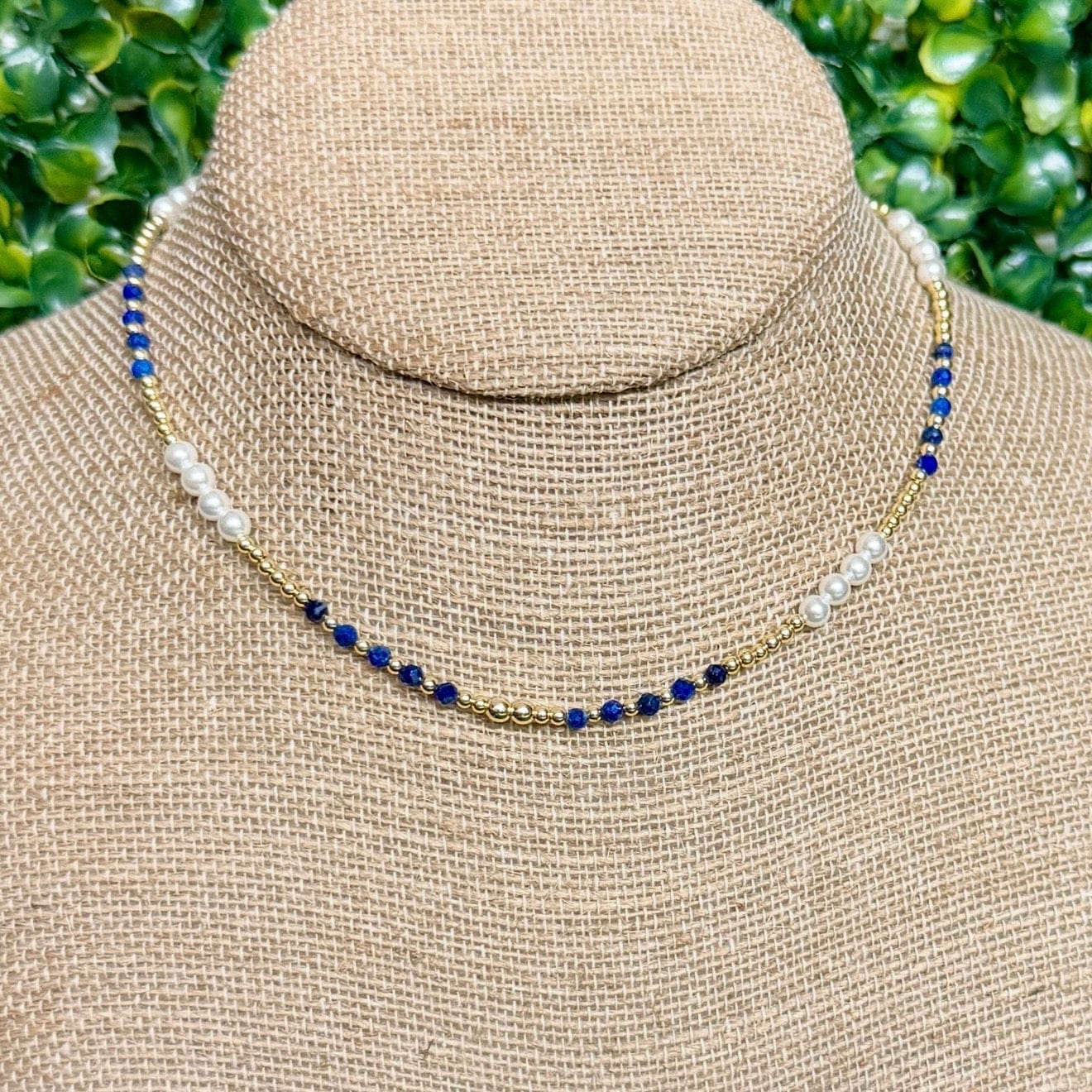 Lapis, Pearls and Gold Beaded Necklace Shabby Chic Boutique and Tanning Salon