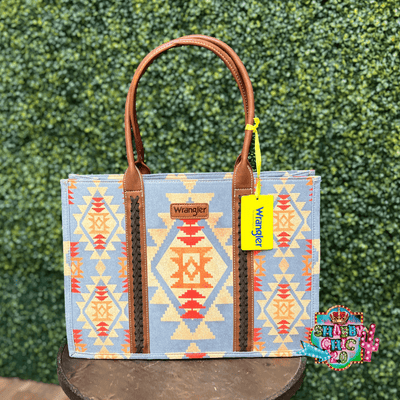 Light Blue Aztec Wrangler Tote Shabby Chic Boutique and Tanning Salon