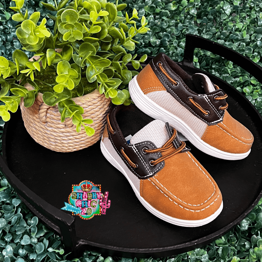 Little Boy's Brown/Tan Boat Shoes Shabby Chic Boutique and Tanning Salon