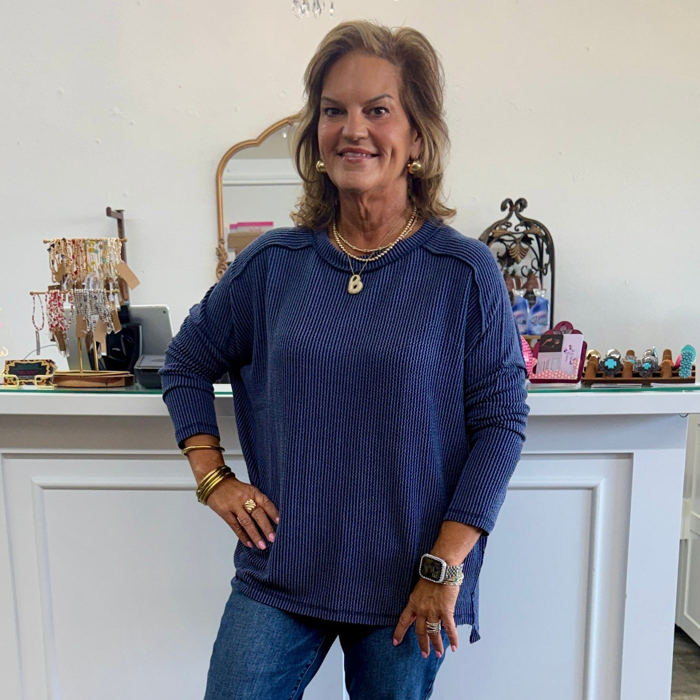 Long Sleeve Timeless Comfort Top - Navy Shabby Chic Boutique and Tanning Salon
