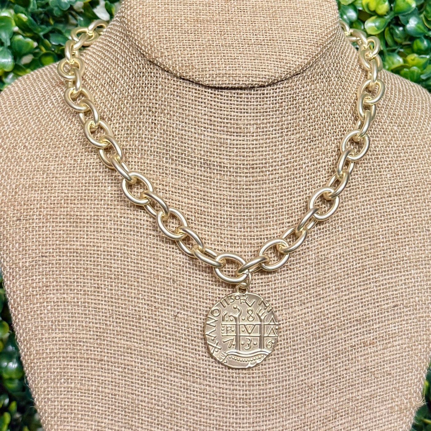 Matte Goldtone Coin Necklace Shabby Chic Boutique and Tanning Salon