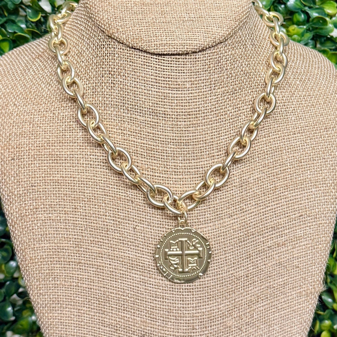 Matte Goldtone Coin Necklace Shabby Chic Boutique and Tanning Salon