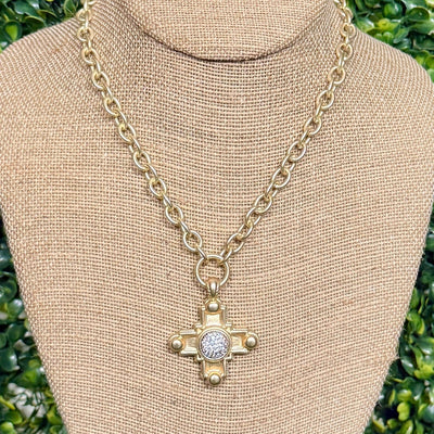 Matte Goldtone Pave Cross Necklace Shabby Chic Boutique and Tanning Salon