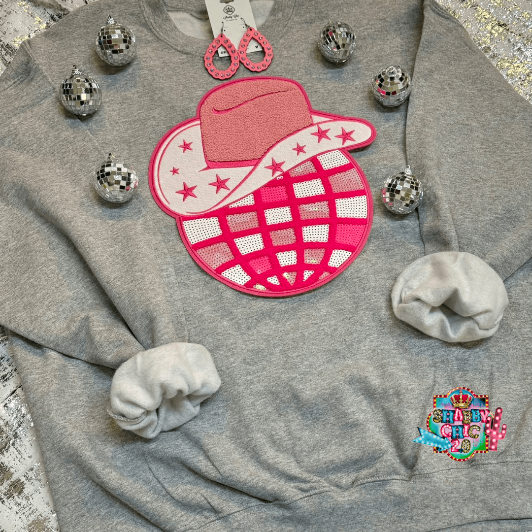 Pink Disco Chenille Patch Cowgirl Crewneck Shabby Chic Boutique and Tanning Salon
