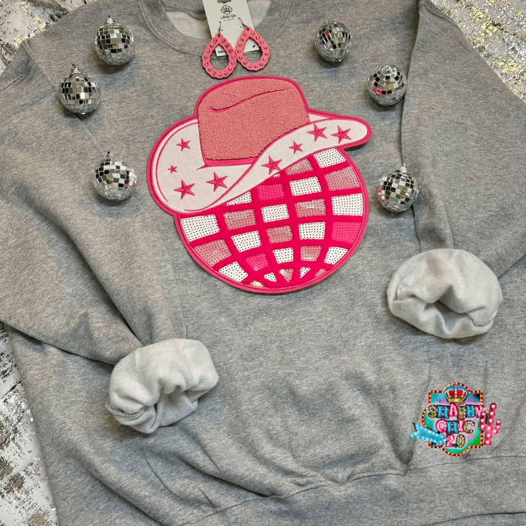 Pink Disco Cowgirl Crewneck Shabby Chic Boutique and Tanning Salon