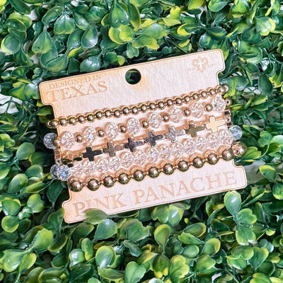 Pink Panache Gold Cross Bead Bracelet Set Shabby Chic Boutique and Tanning Salon