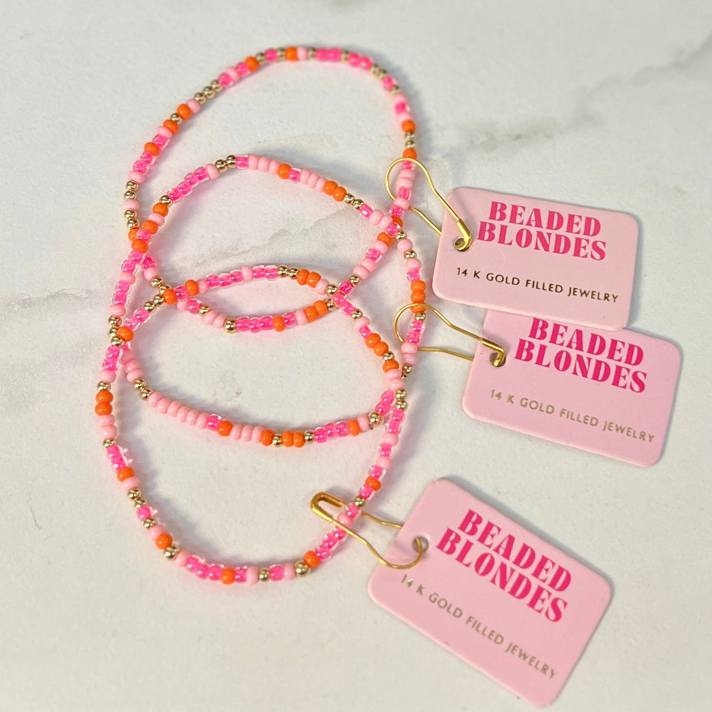 Pinks and Orange Sprinkle Beaded Bracelet: Standard 6.75 inch Beaded Blondes