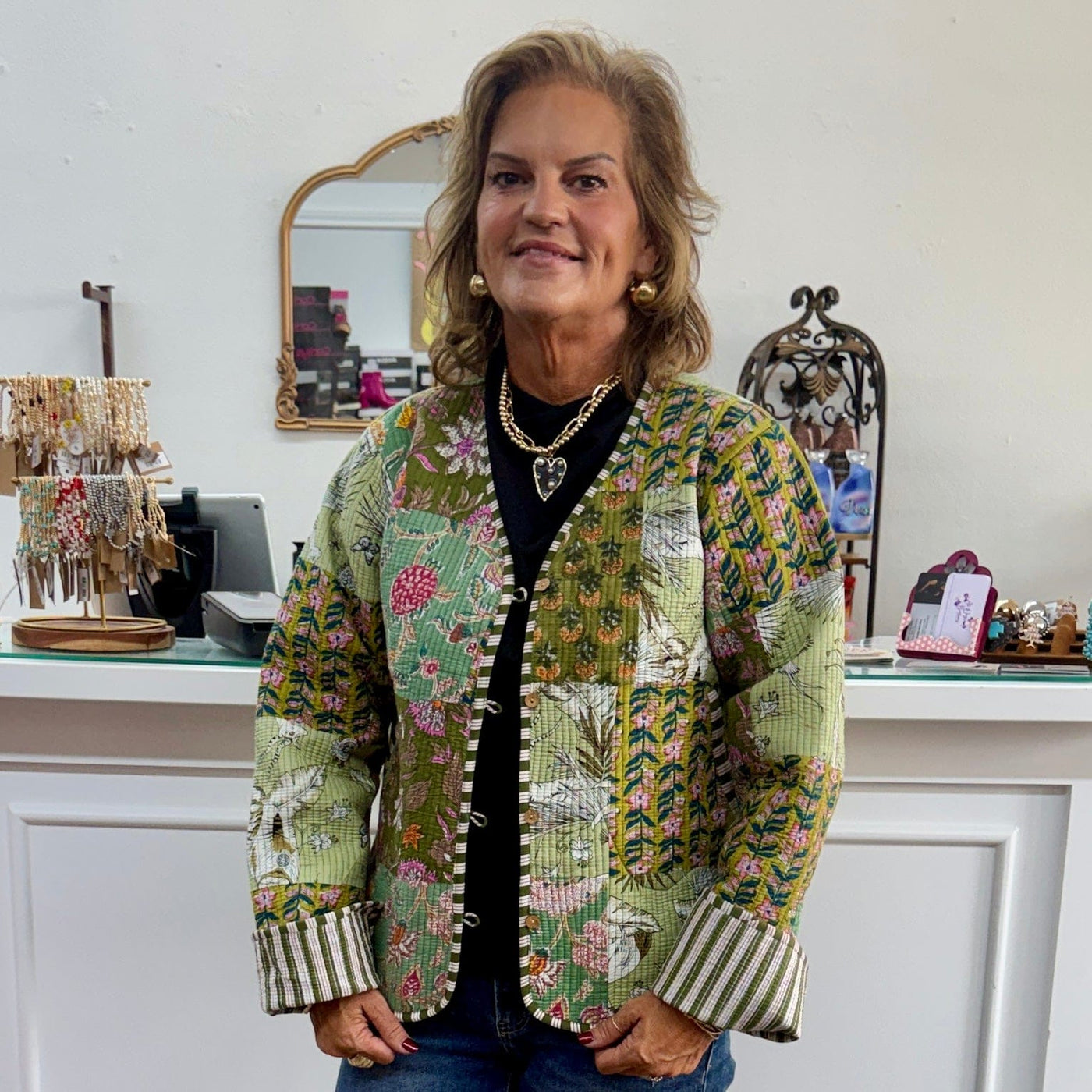 Quilted Jacket - Green with Floral Shabby Chic Boutique and Tanning Salon