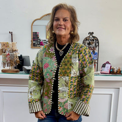 Quilted Jacket - Green with Floral Shabby Chic Boutique and Tanning Salon