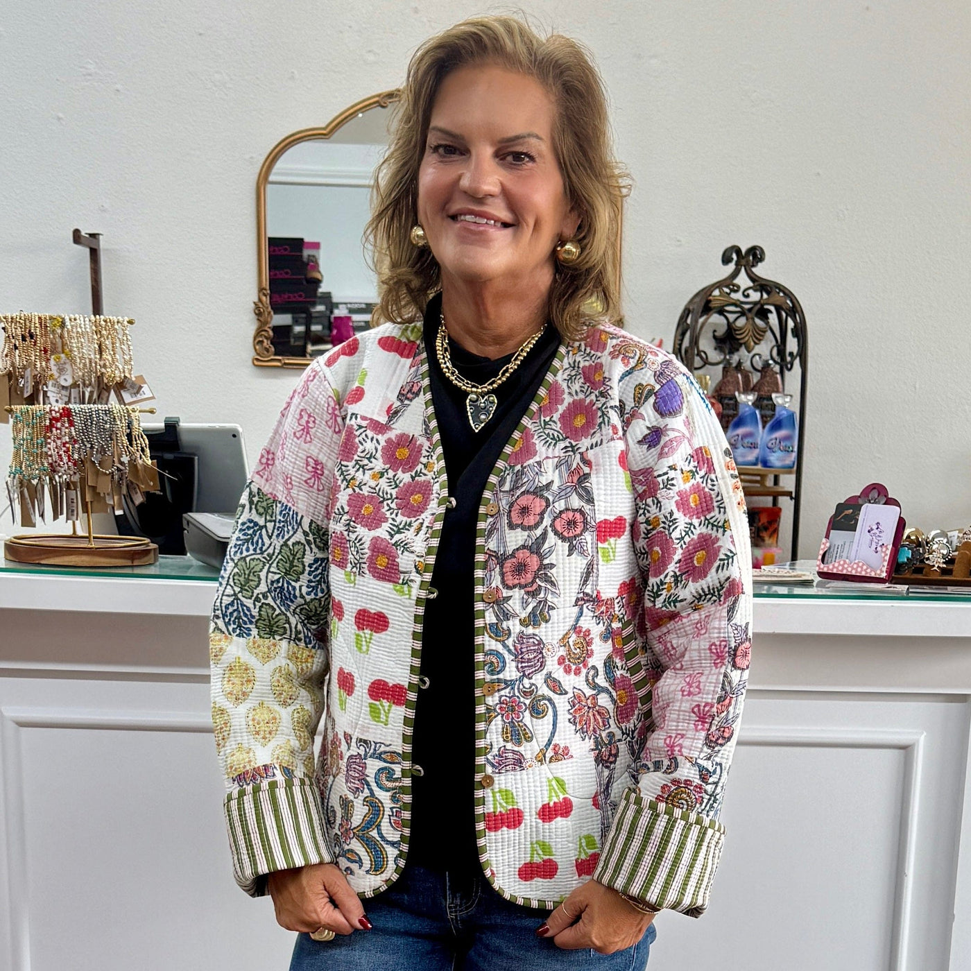 Quilted Jacket - White with Mix Print Shabby Chic Boutique and Tanning Salon