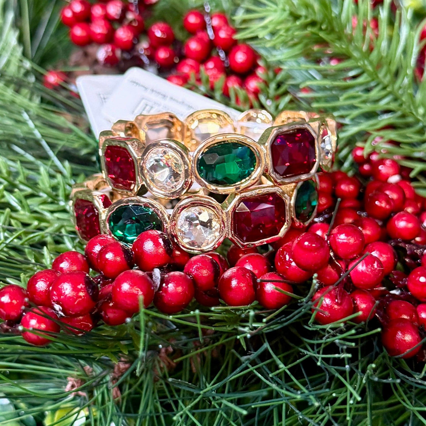 Rectangle and Circle Crystal Stretch Bracelet - Red and Green Shabby Chic Boutique and Tanning Salon