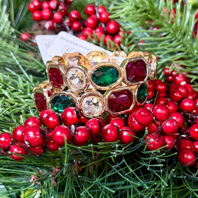 Rectangle and Circle Crystal Stretch Bracelet - Red and Green Shabby Chic Boutique and Tanning Salon