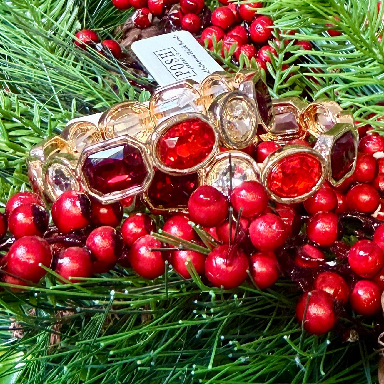 Rectangle and Circle Crystal Stretch Bracelet - Red Stones Shabby Chic Boutique and Tanning Salon