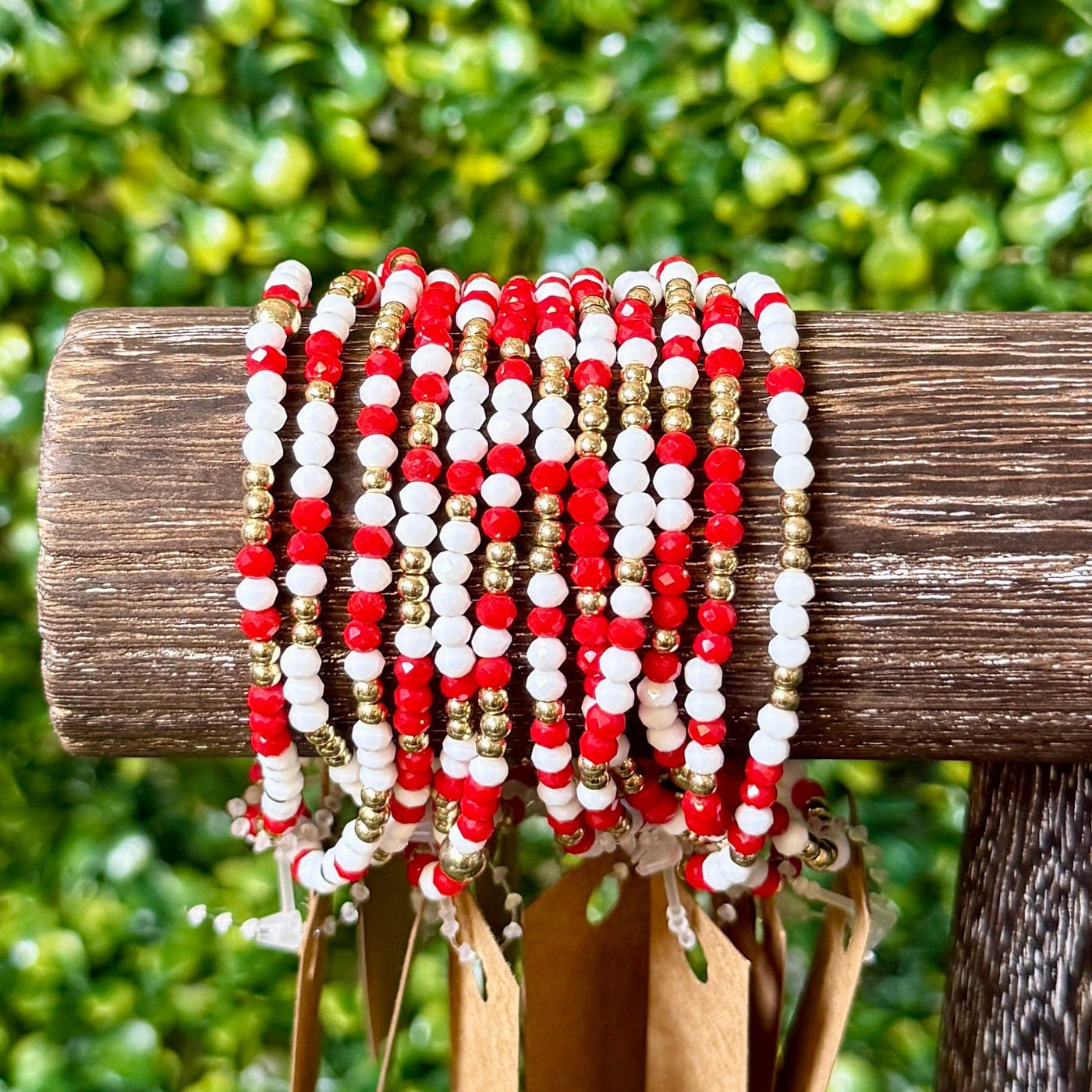 Red and White Beaded Stretch Bracelet Shabby Chic Boutique and Tanning Salon