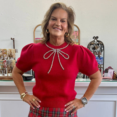 Red Beaded Bow Sweater Top - Red Shabby Chic Boutique and Tanning Salon