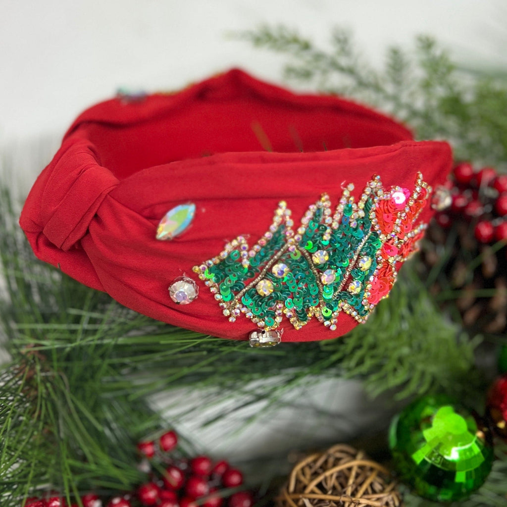 Red Headband with Beaded Christmas Tree – Shabby Chic  display picture 3