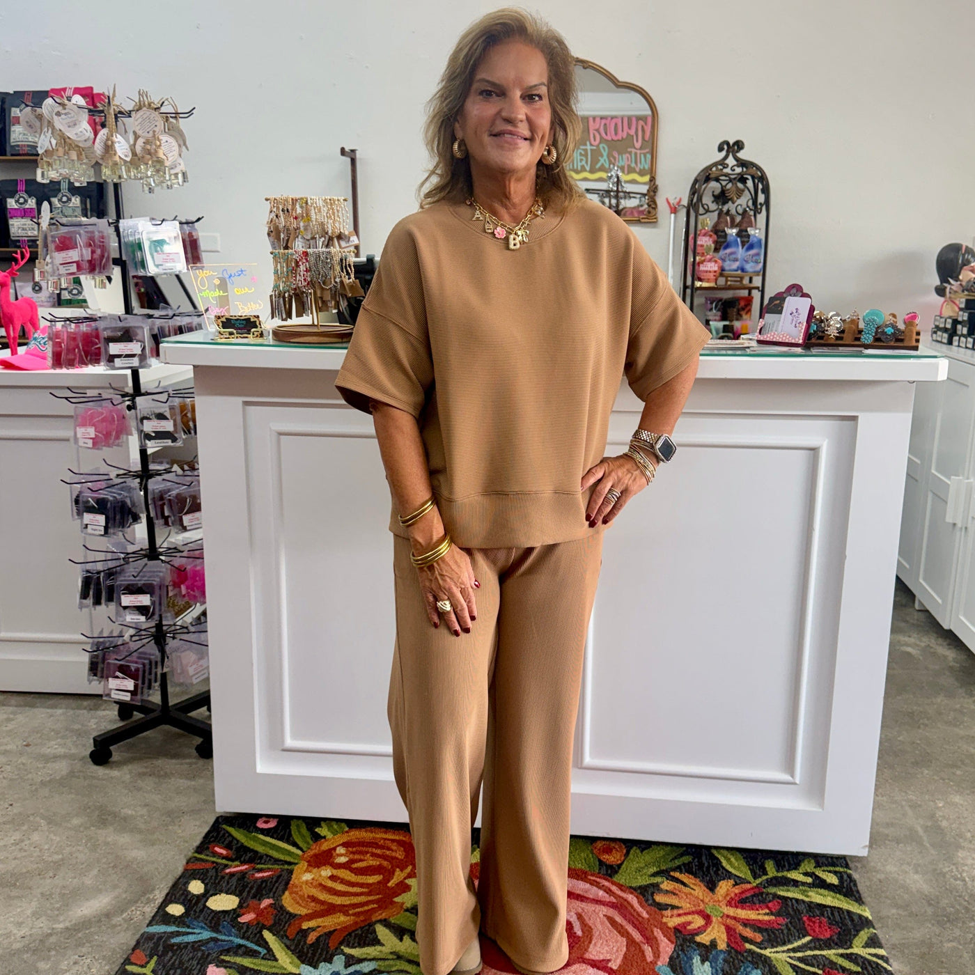 Ribbed Round Neck Tee & Pants Set - Camel Shabby Chic Boutique and Tanning Salon