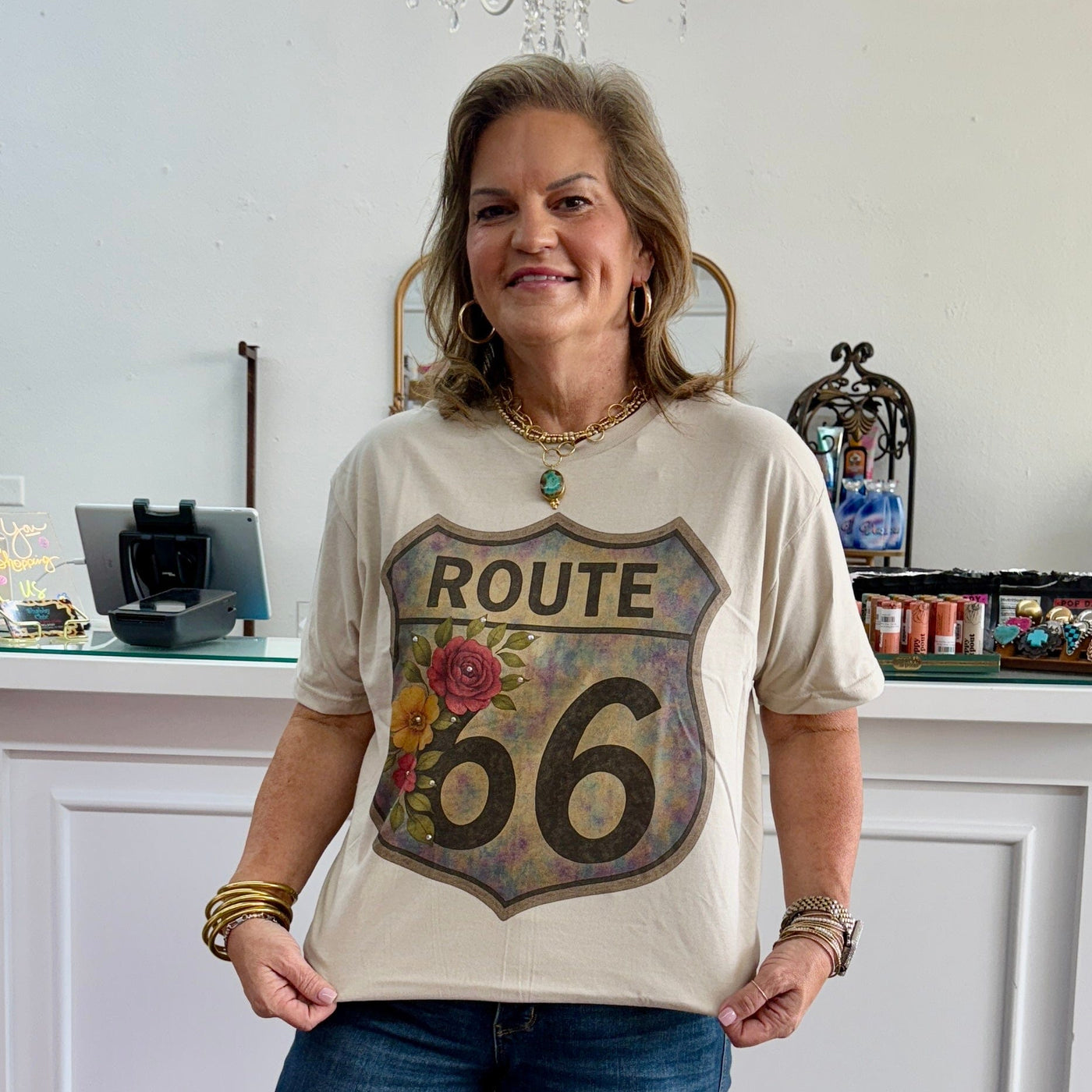 Route 66 Tee with Rhinestones Shabby Chic Boutique and Tanning Salon