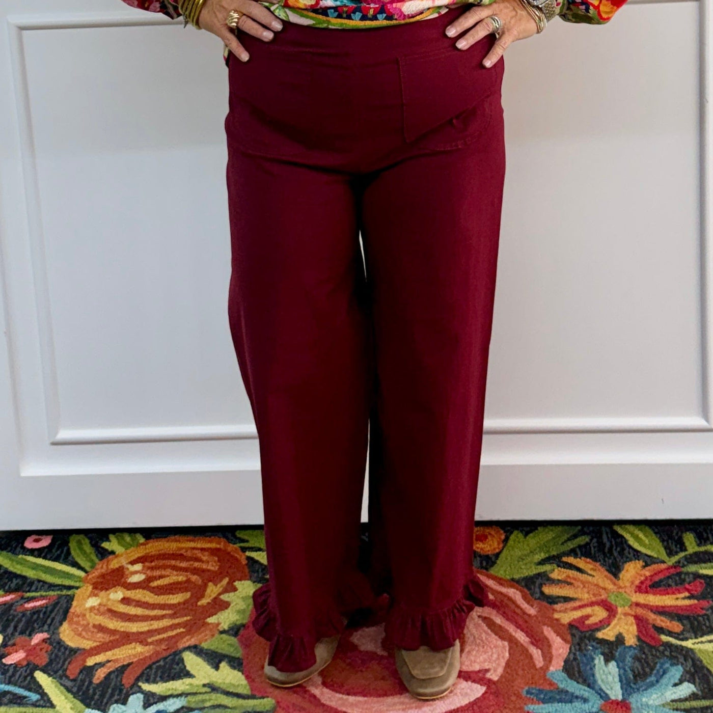 Ruffled Bottom Pants - Burgundy Shabby Chic Boutique and Tanning Salon