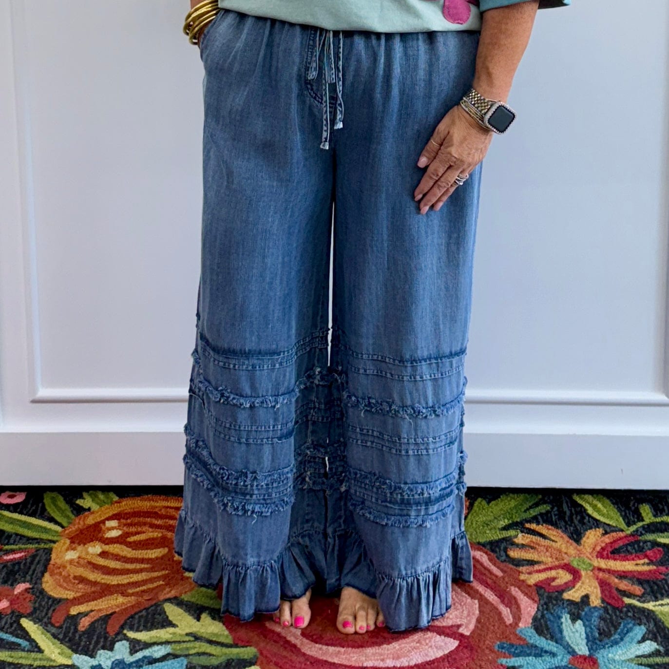 Ruffled Self Fray Washed Chambray Pants Shabby Chic Boutique and Tanning Salon