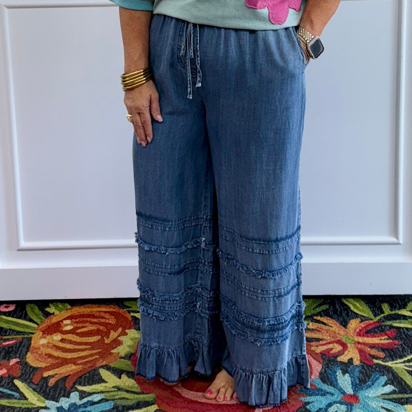 Ruffled Self Fray Washed Chambray Pants Shabby Chic Boutique and Tanning Salon