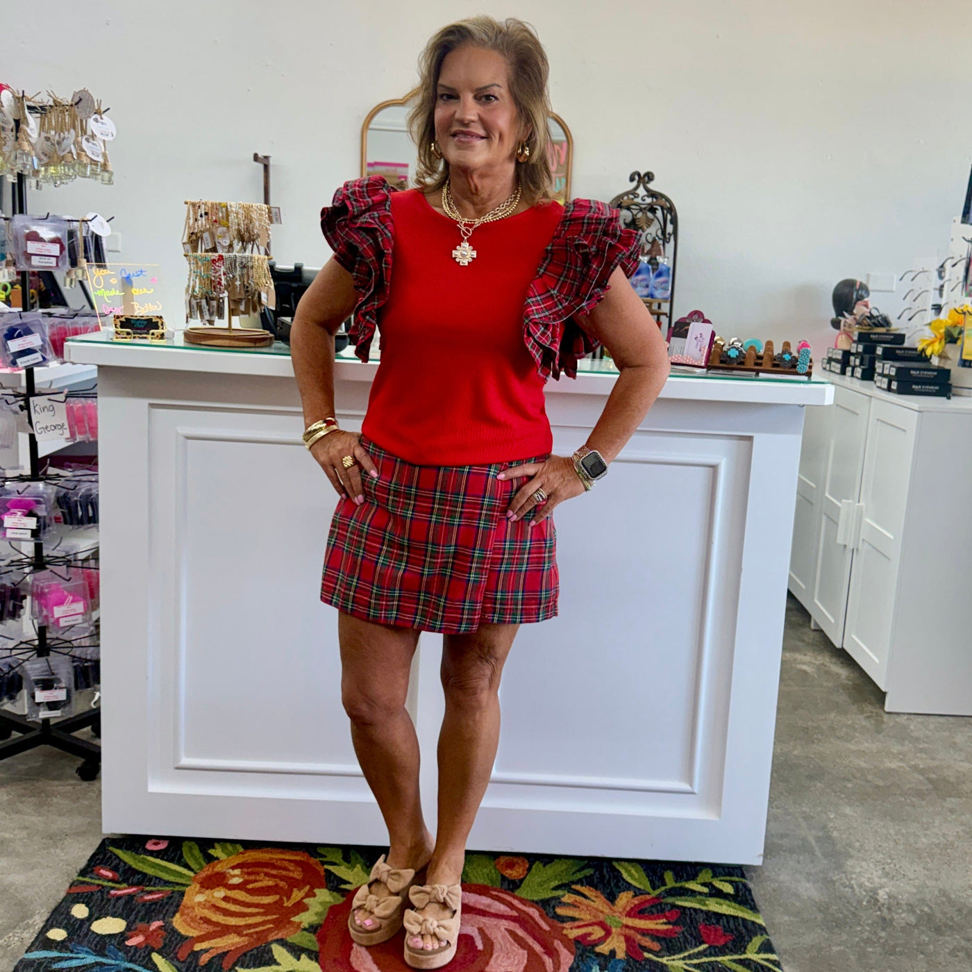 Ruffled Sleeve Round Neck Top - Red Shabby Chic Boutique and Tanning Salon