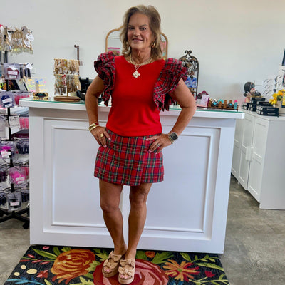 Ruffled Sleeve Round Neck Top - Red Shabby Chic Boutique and Tanning Salon