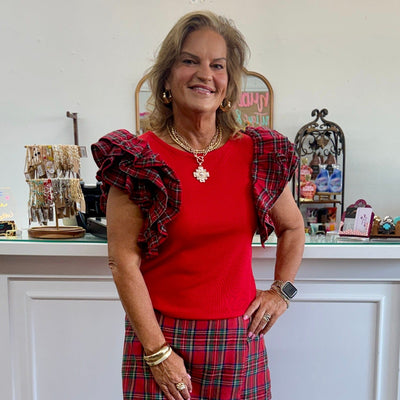 Ruffled Sleeve Round Neck Top - Red Shabby Chic Boutique and Tanning Salon