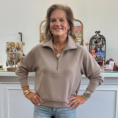 Scuba Half Zip Pullover With Kangaroo Pocket - Tan Shabby Chic Boutique and Tanning Salon