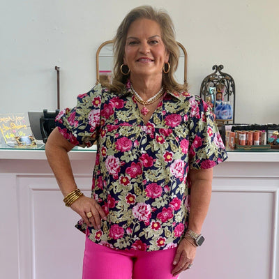 Send the Flowers Top - Navy Shabby Chic Boutique and Tanning Salon