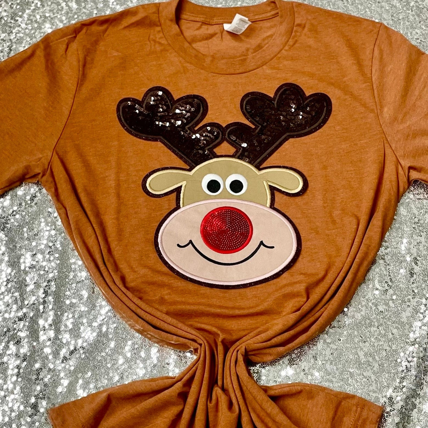 Sequin Reindeer Patch Tee Shabby Chic Boutique and Tanning Salon