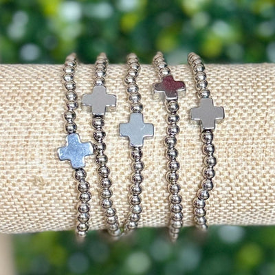 Shiny Silvertone Beaded Cross Bracelet Shabby Chic Boutique and Tanning Salon