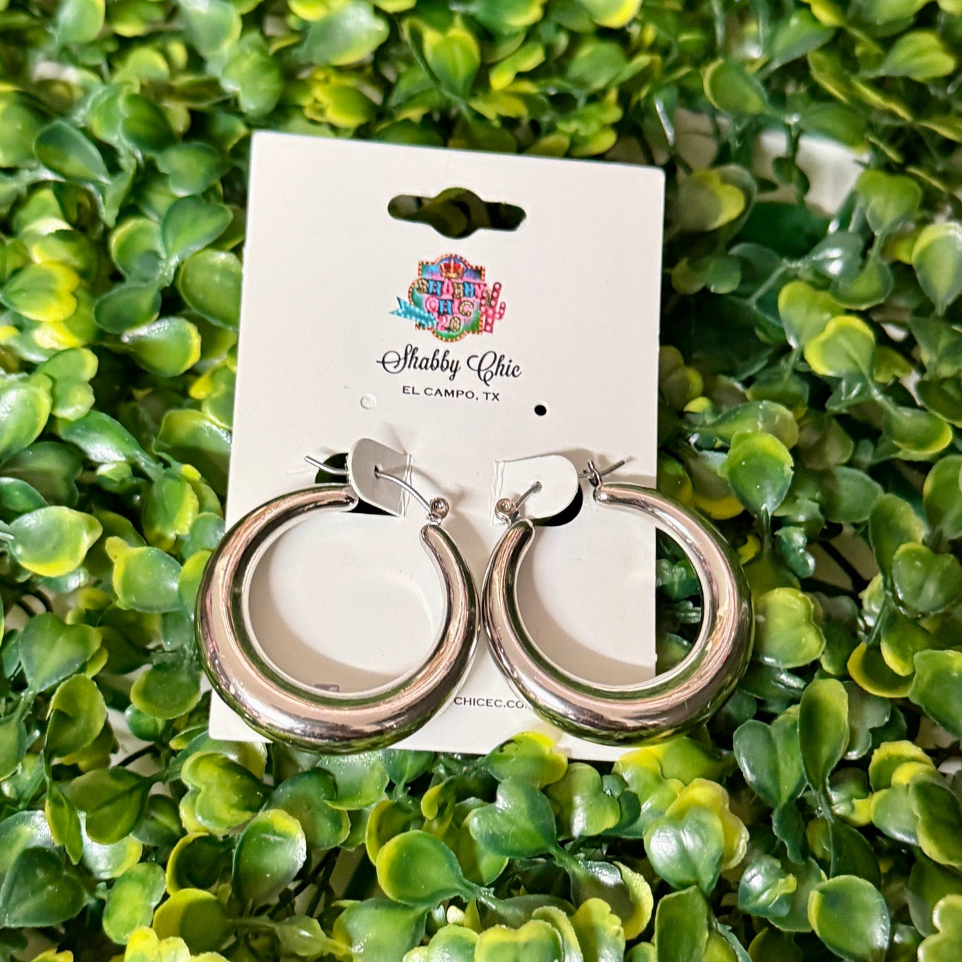 Shiny Silvertone Hoop Earrings Shabby Chic Boutique and Tanning Salon