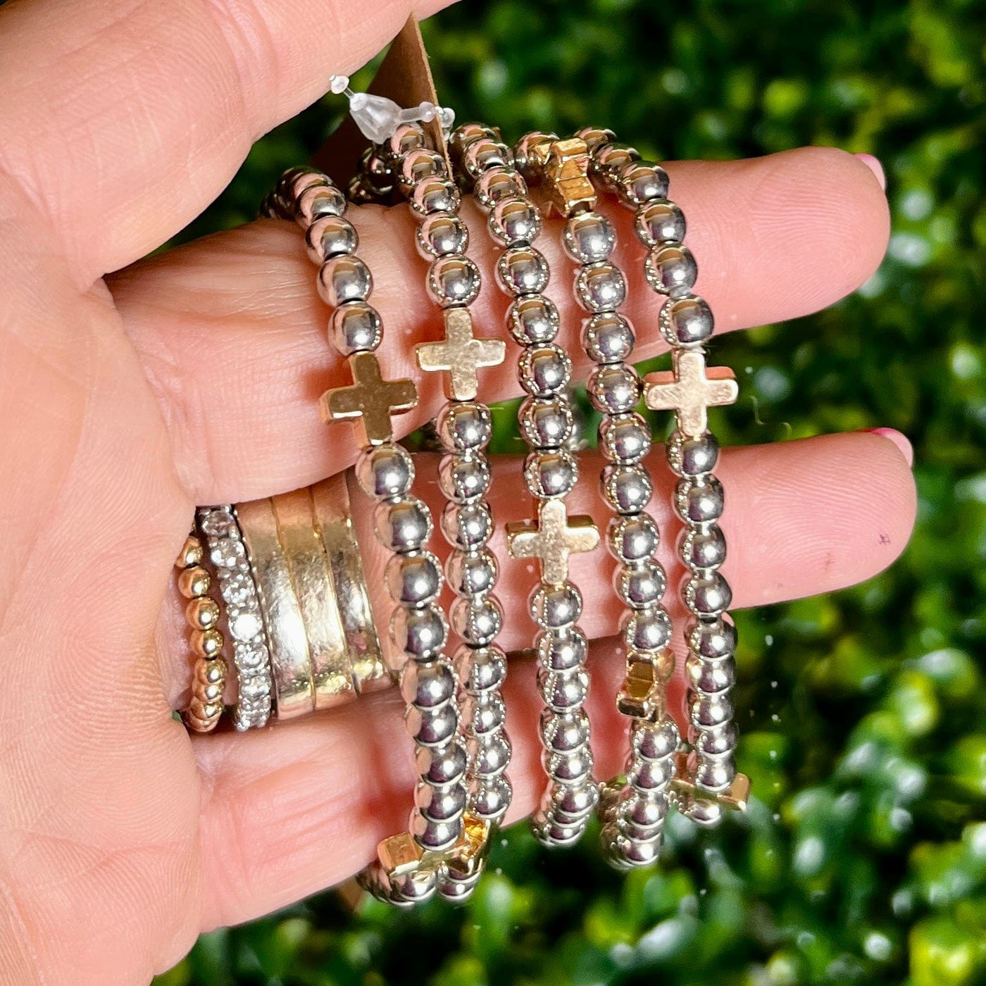 Silvertone with Gold Crosses Stretch Bracelet Shabby Chic Boutique and Tanning Salon