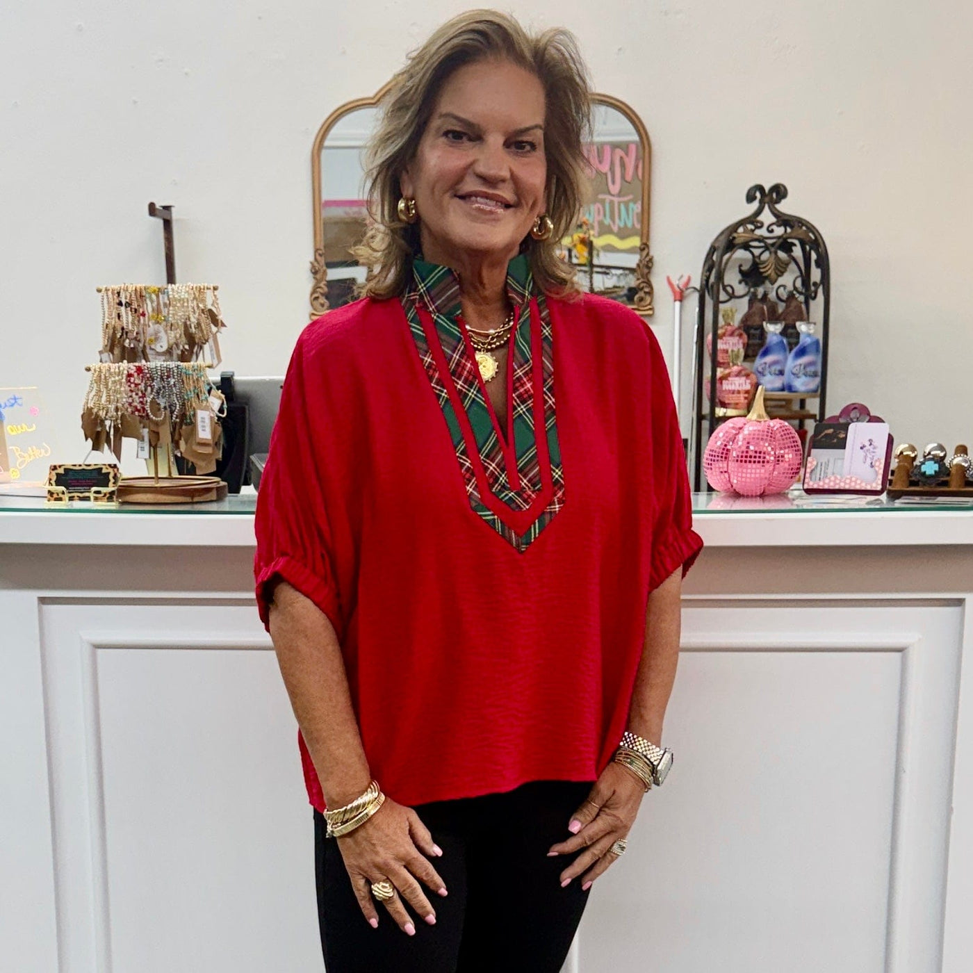 Solid Short Sleeve Dolman Top with Plaid Trim - Red Shabby Chic Boutique and Tanning Salon