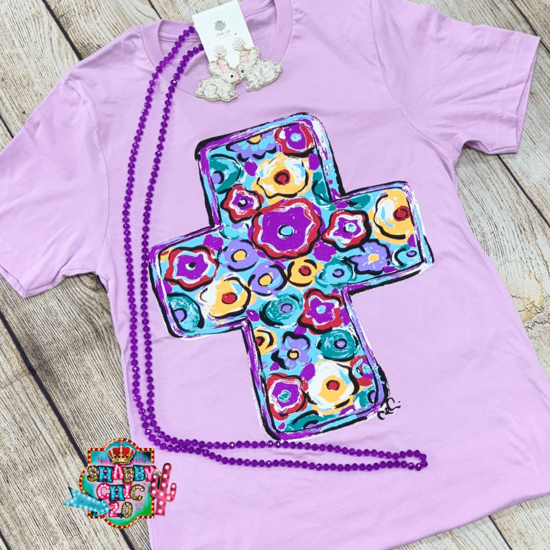 Texas True Threads Purple Floral Cross Tee Shabby Chic Boutique and Tanning Salon
