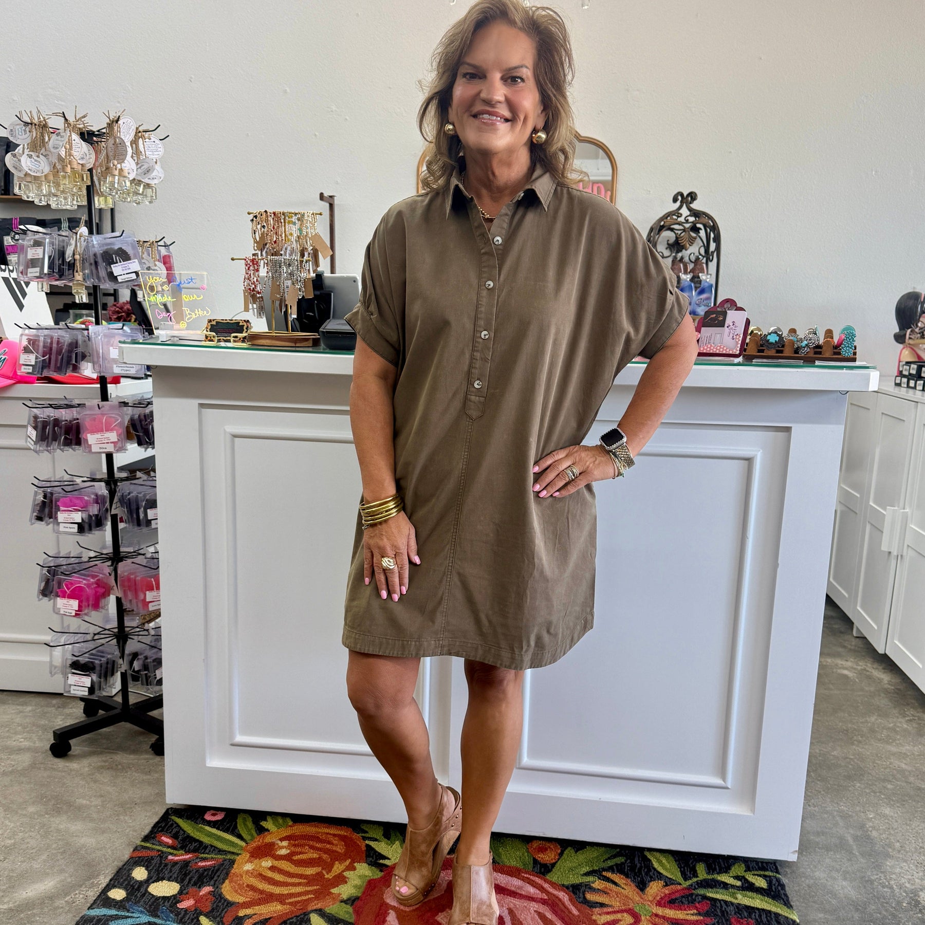 military shirt dress Military-inspired Dress, Army green midi shirt dress for Women, A-Line Summer Pleated work Dress, Short Sleeve Swing Dress, Xiaolizi 2821#
