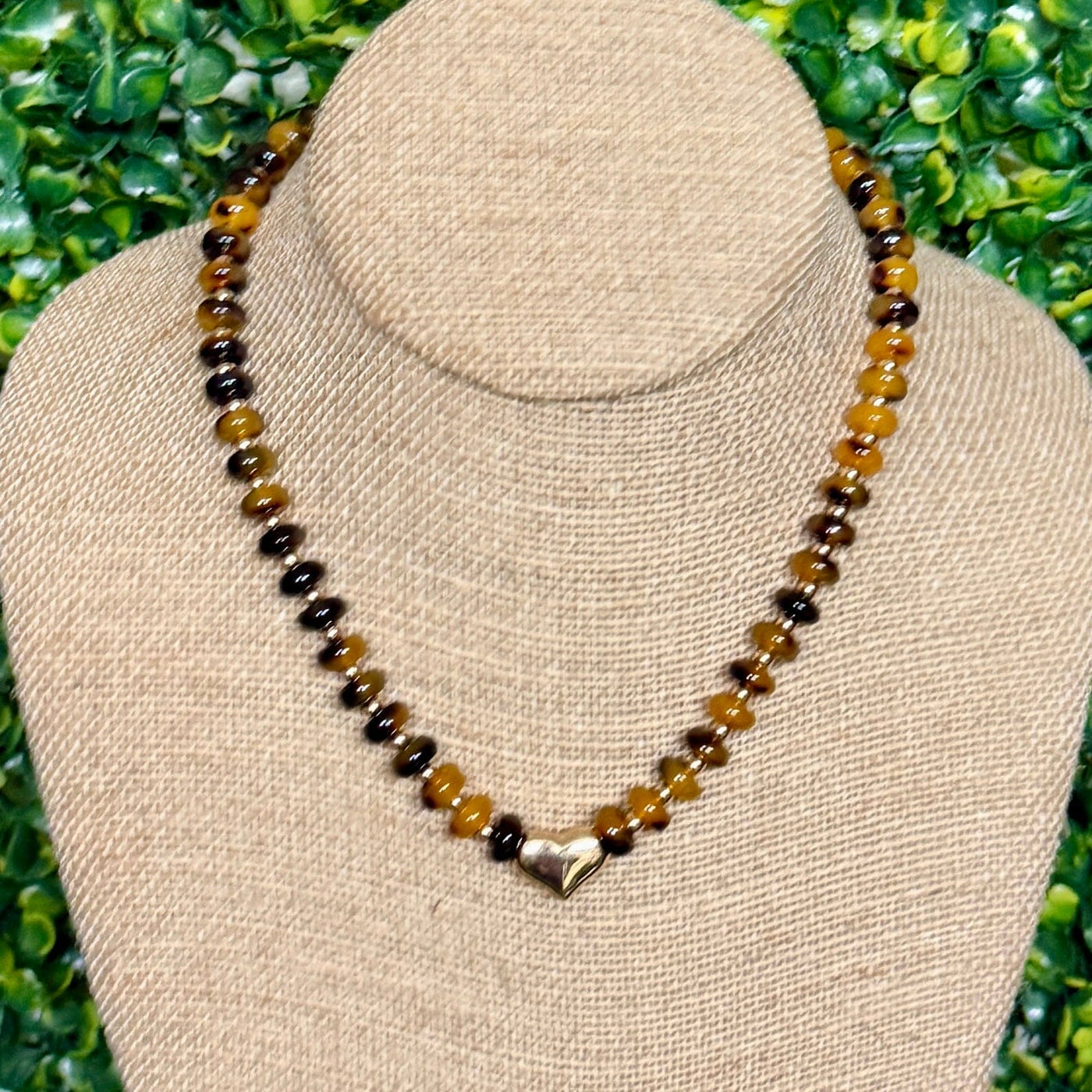 Tortoise Rondelle Beaded Necklace with Gold Heart Shabby Chic Boutique and Tanning Salon