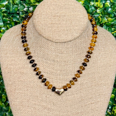 Tortoise Rondelle Beaded Necklace with Gold Heart Shabby Chic Boutique and Tanning Salon